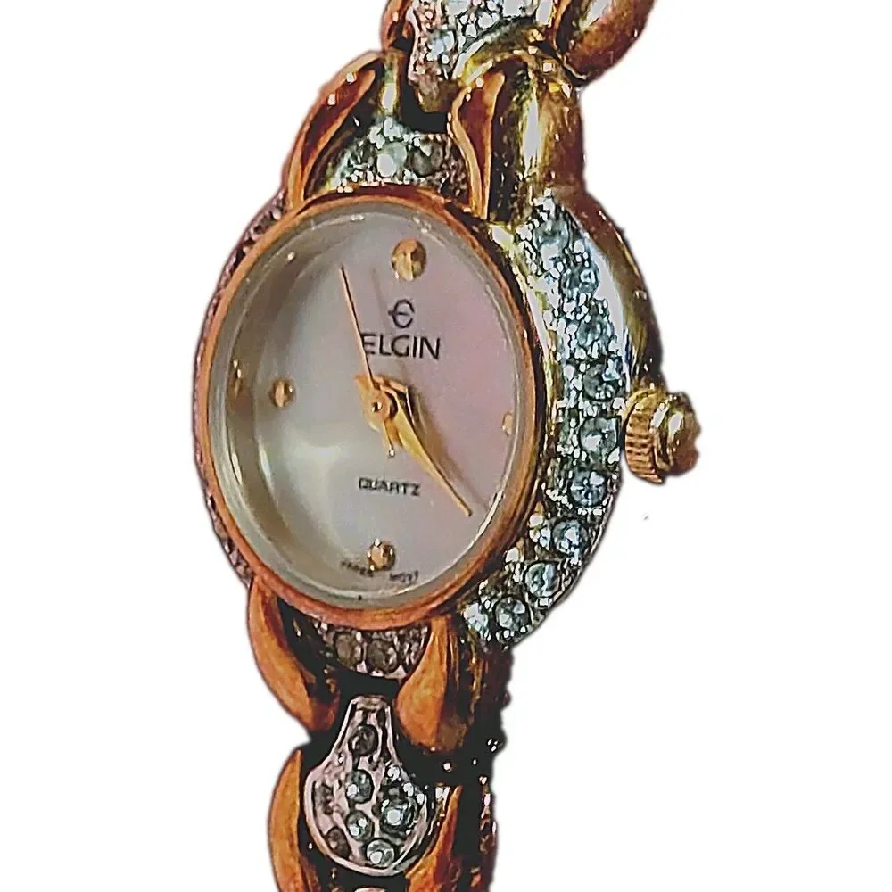 Vintage Elgin Ladies Quartz Watch Gold Tone Link Bracelet Rhinestone Accent
